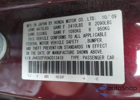 2010 Acura Tsx 2.4 from USA, damaged, VIN JH4CU2F60AC013418